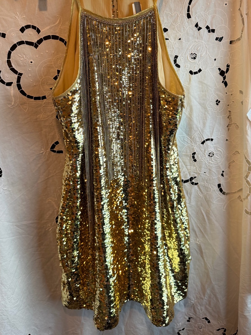 Vineet Bahl Anthropologie Gold disco statement Sequin Halter Mini Dress NWT L